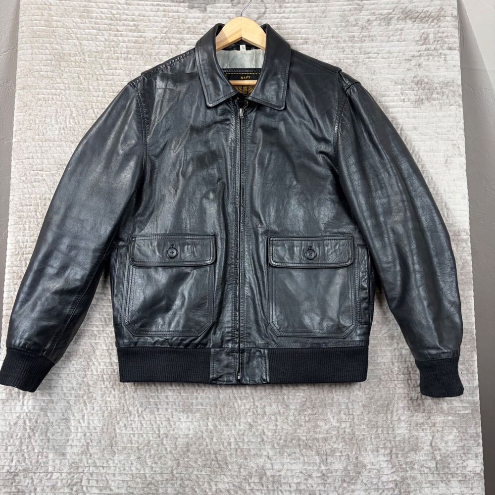 Kalahari Leather Navy Bomber Jacket Mens Size M Black Zip Up USA Flag‎ Lined